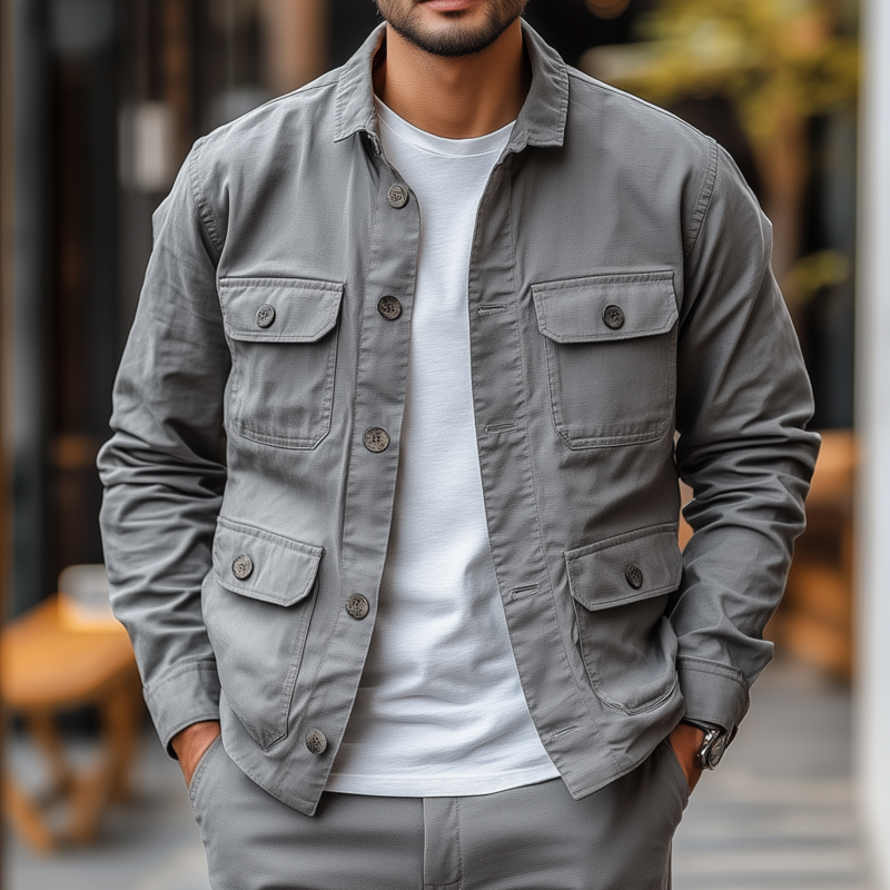 Men's Casual Outdoor Solid Color Breathable Cotton Washed Lapel Multi-Pocket Work Jacket MTA2508G5M