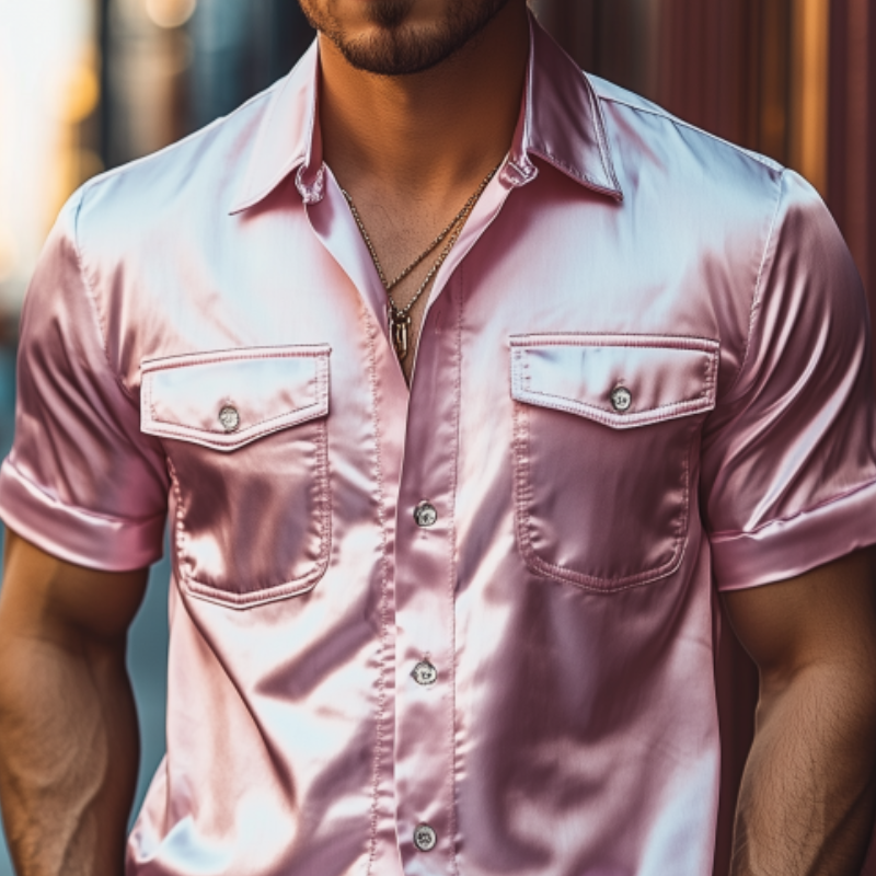 Men's Spring Fashion Casual Satin Shiny Fabric Short Sleeve Shirt 06753390K