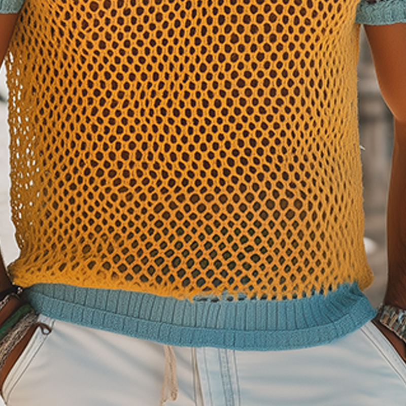 Men's Fashion Casual Hollow Contrast Color Stitching Knitted Round Neck Short-sleeved T-shirt MTA2509F0K