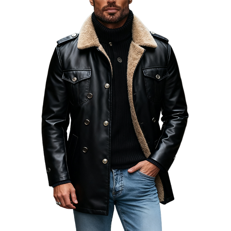 Men's Lapel Polar Fleece Lining Multi-pocket Mid-length PU Coat MTA1707J5X