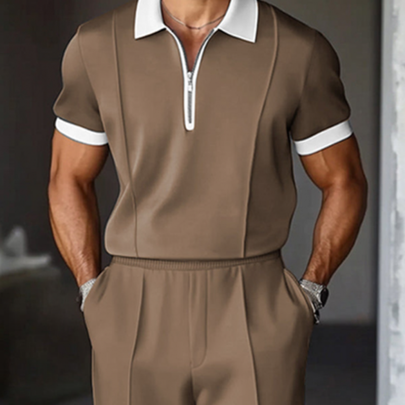 Men's Casual Breathable Cotton Colorblock Zipper Lapel Short Sleeve Polo Shirt Elastic Waist Shorts Set MTA2620E8M