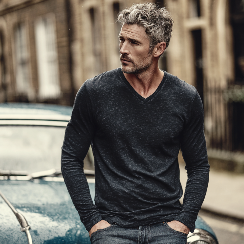 Men's Cotton Blend V-neck Long-sleeved T-shirt MTA1384H1X