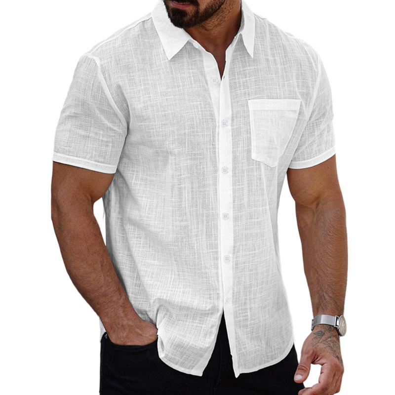 Men's Cotton And Linen Solid Color Lapel Short-sleeved Shirt MTA1439G3X