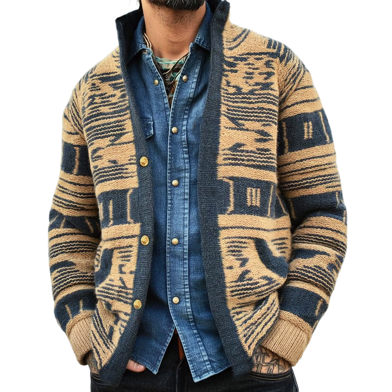 Men's Retro Stand Collar Colorblock Jacquard Knit Cardigan MTA0186I3U