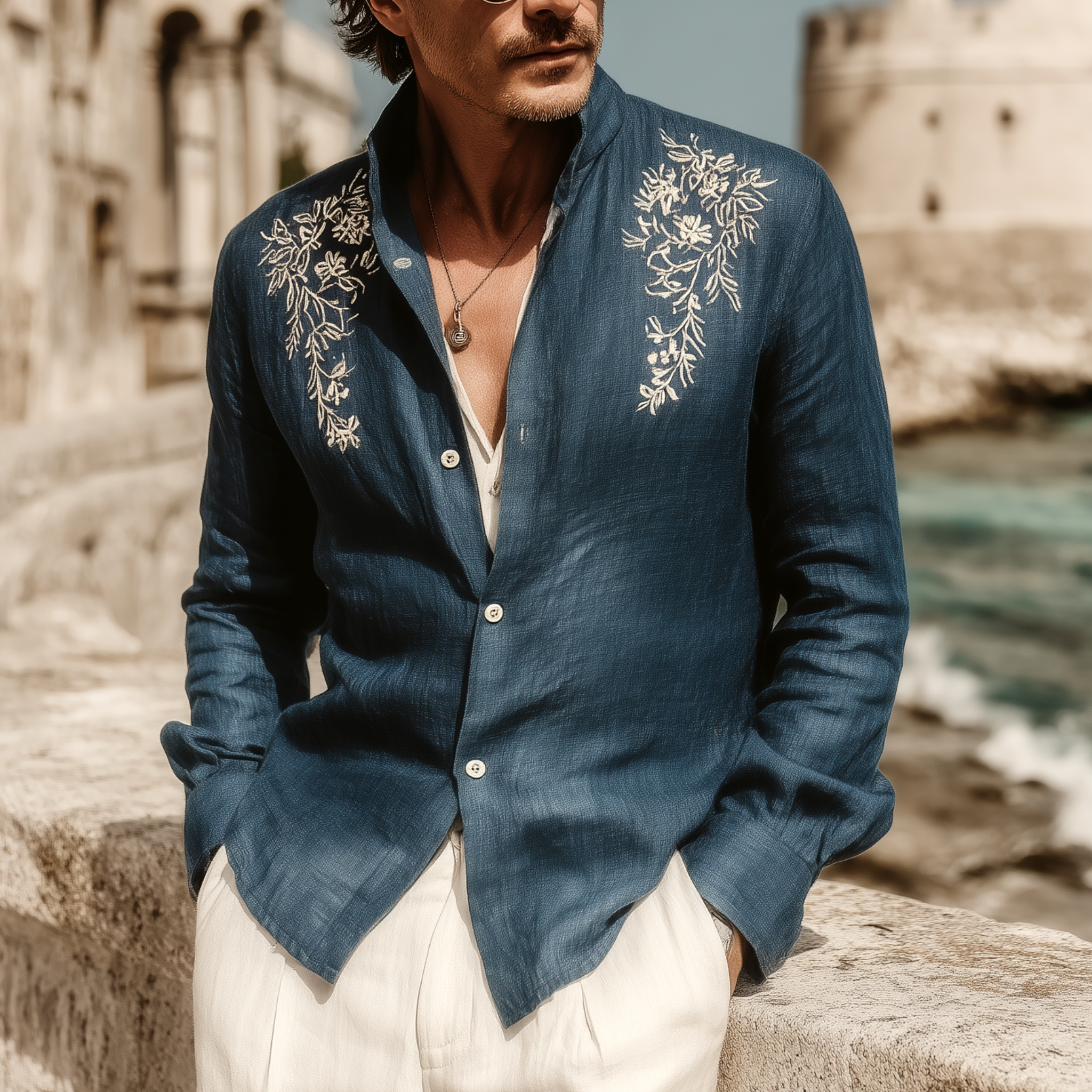 Men's Classic Casual Tencel Cotton And Linen Embroidered Stand Collar Long Sleeve Shirt MTA1869G1K