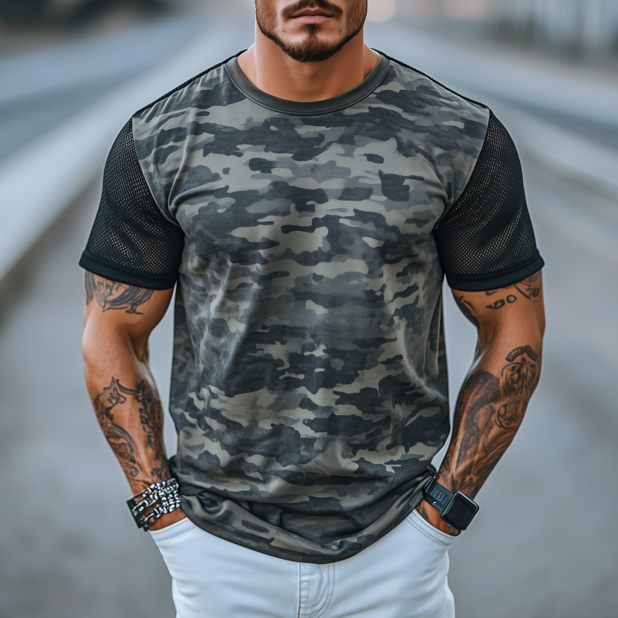 Men's Spring And Summer Casual Round Neck Camouflage Cotton Blended Splicing Mesh Short-sleeved T-shirt MTA2145G5K