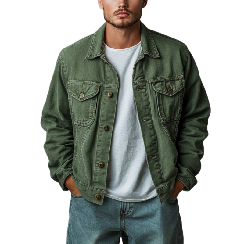 Men's Casual Outdoor Denim Washed Lapel Single-Breasted Loose Jacket MTA0610E2M
