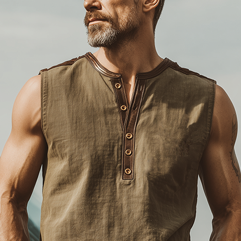 Men's Classic Casual Linen Stitching PU Leather Henley Collar Tank Top MTA0332G4K