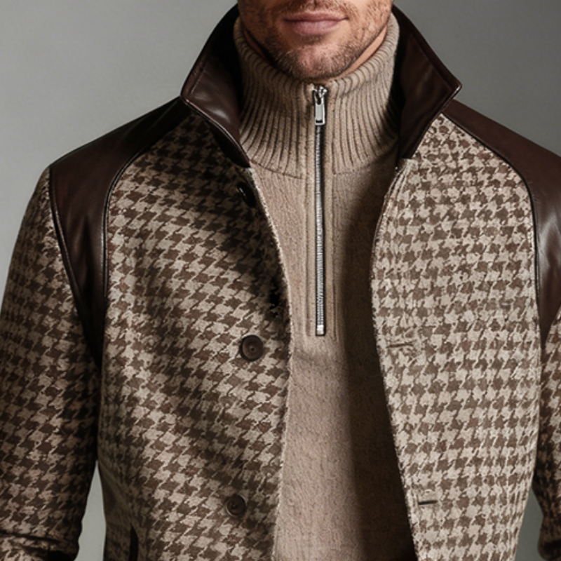 Men's Retro Casual Houndstooth PU Patchwork Stand Collar Jacket MTA2494K8TO