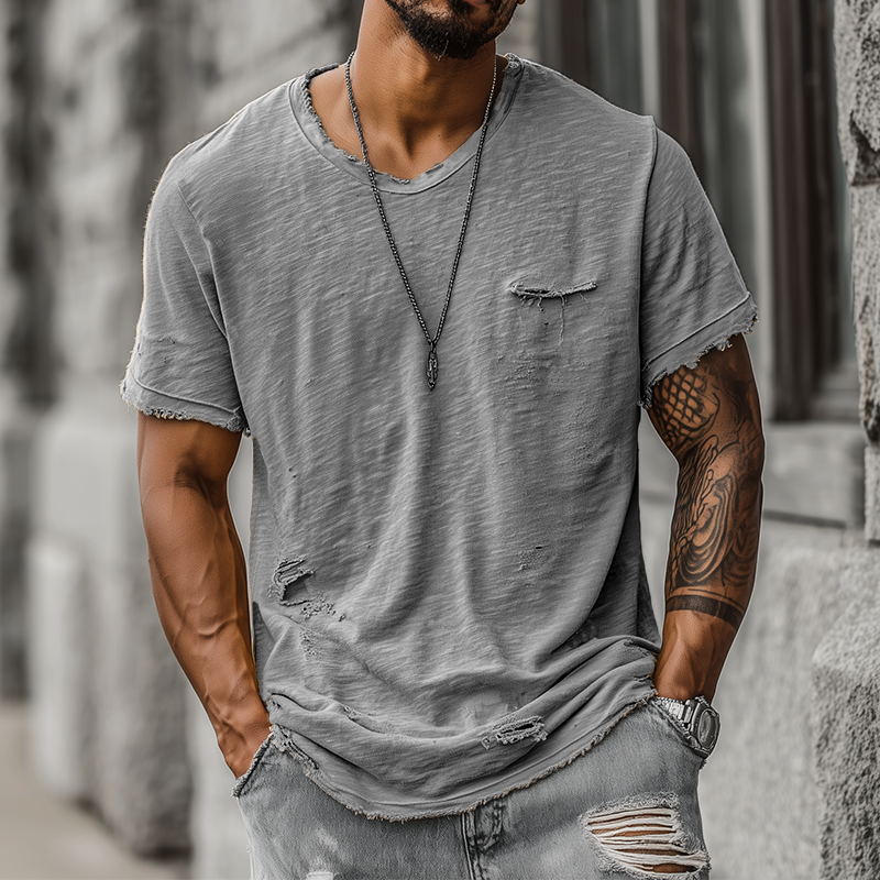 Men's Fashion Casual Bamboo Cotton Ripped Raw Edge Round Neck Short Sleeve T-shirt MTA1556G4K