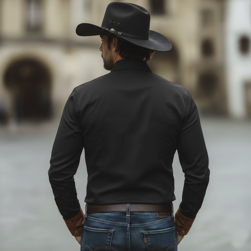 Men's Western-style Twill Cotton And Faux Suede Patchwork Embroidered Long-sleeved Shirt MTZ1318A5U