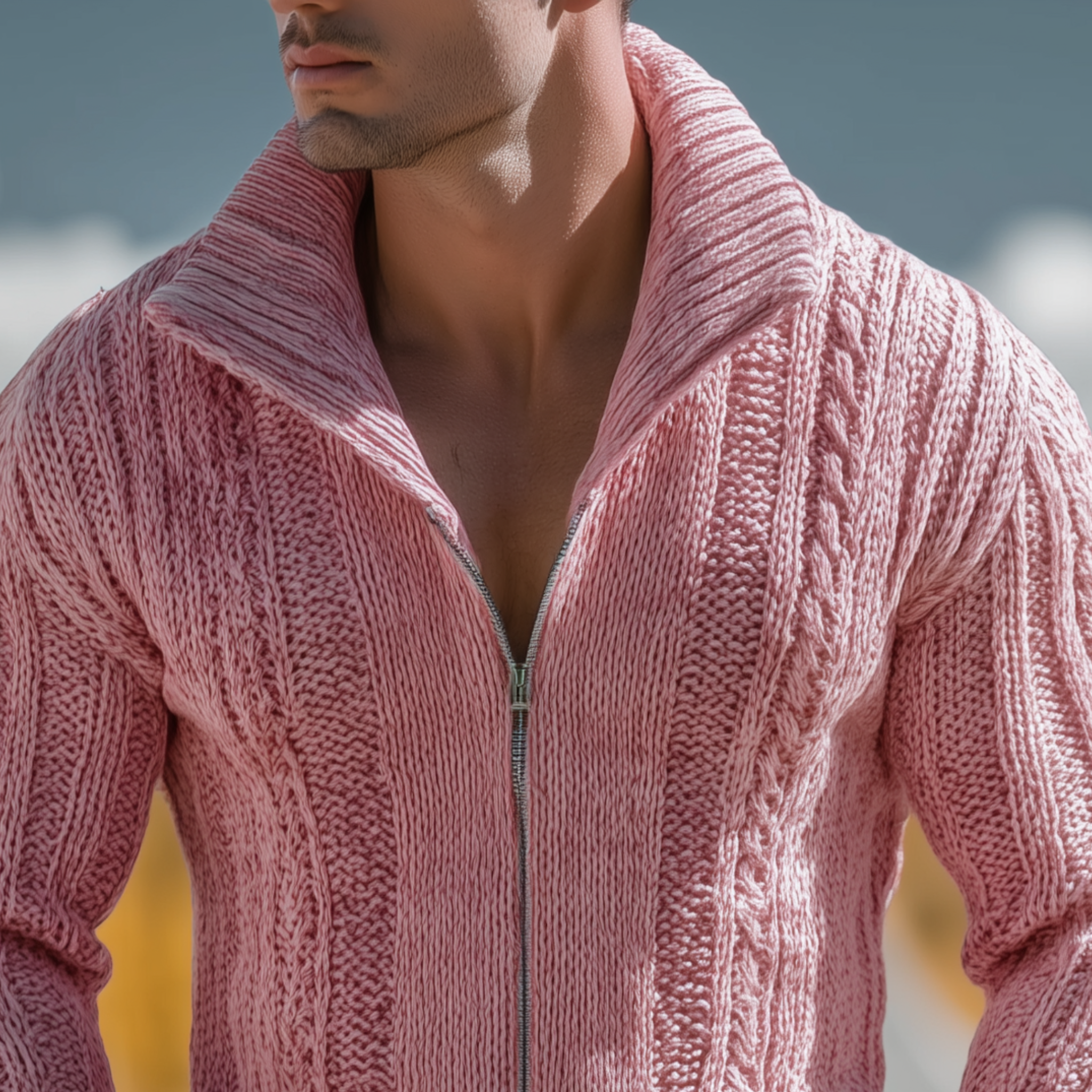Men's Classic Casual Western Tough Style Stand Collar Zipper Slim Pink Knit Cardigan MTA0851I0K