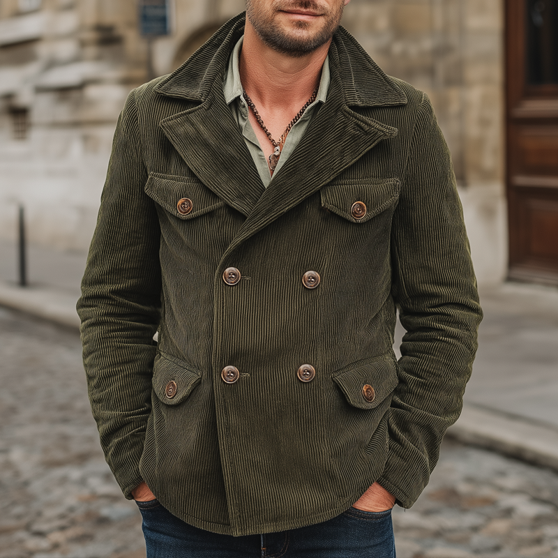 Men's Vintage Army Green Corduroy Double Breasted Jacket MTA1617J5U