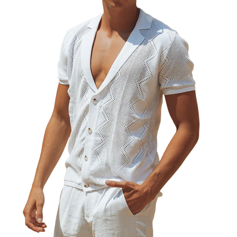 Men's Spring And Summer Fashion Casual Hollow Knitted Slim Short-sleeved Shirt MTA0948G3K