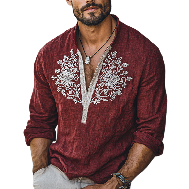 Men's Vintage Dark Red Deep V-Neck Embroidered Long Sleeve T-Shirt 68452221U