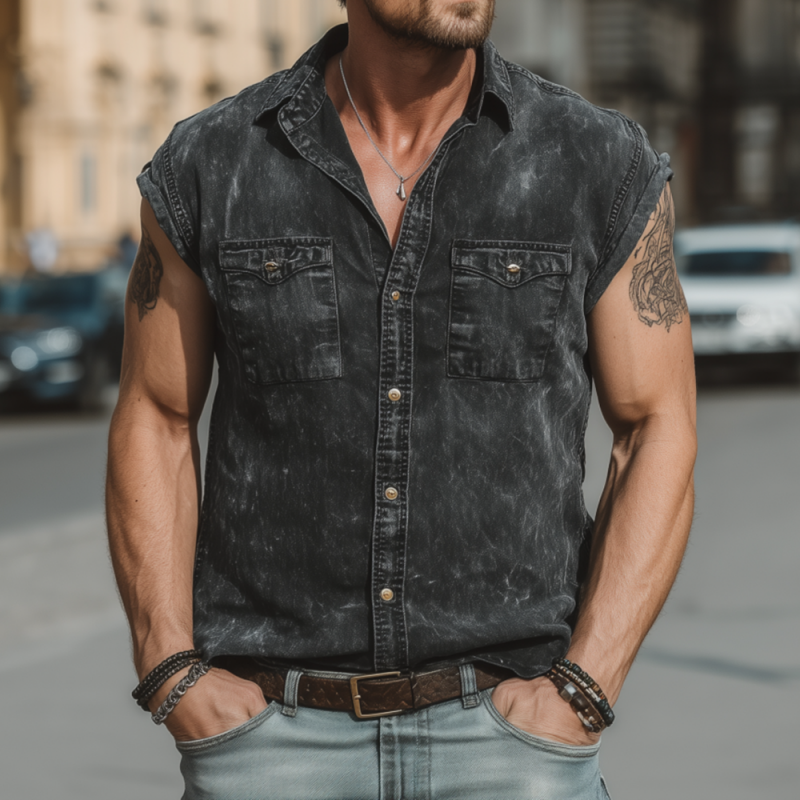 Men's Casual Outdoor Denim Washed Distressed Lapel Chest Pocket Slim Fit Sleeveless Shirt MTA2482F1M