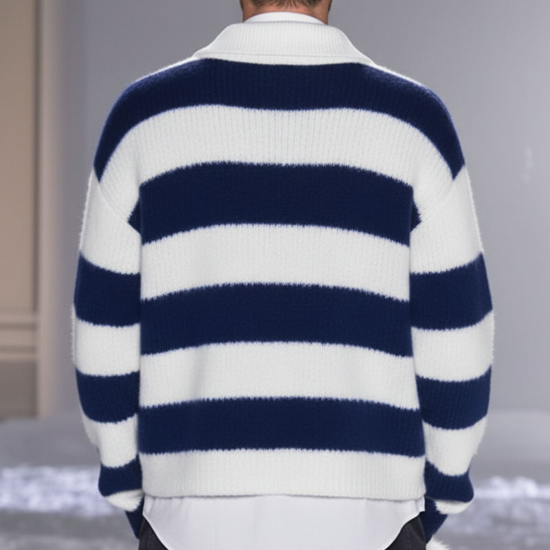 Men's Fashion Color Block Striped Tie-Neck Casual Knit Sweater MTA1068K7U