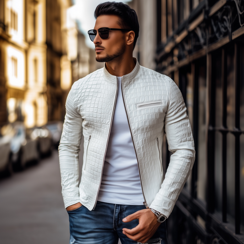 Men's Fashion Solid Color Textured PU Stand Collar Zipper Placket Slim Fit Motorcycle Jacket MTA1499H1M