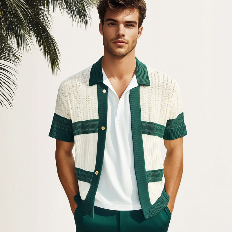 Men's Summer Comfortable Breathable Color Block Knitted Short-Sleeved Shirt MTA1651E6U