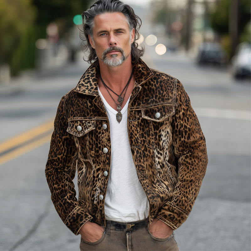 Men's Vintage Leopard Suede Lapel Button-Down Jacket MTA1451H7U