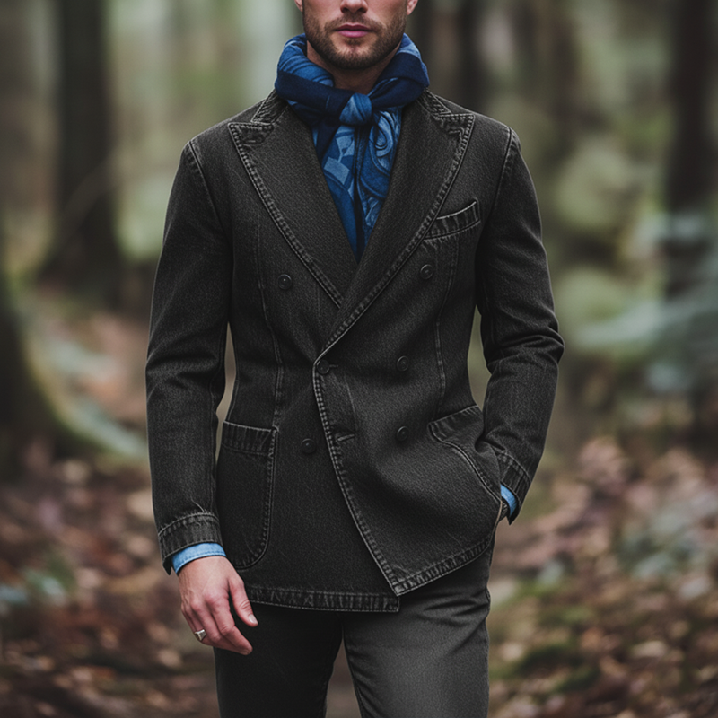 Men's Retro Minimalist Washed Denim Double-Breasted Suit Jacket MTA2142K5P