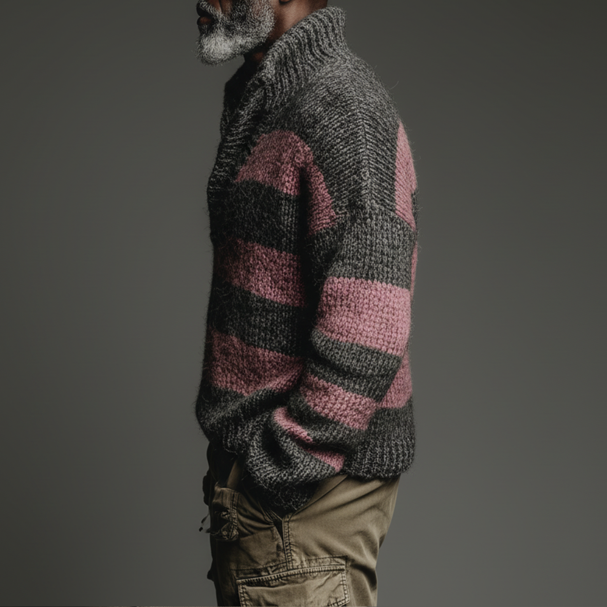 Men's Classic Casual Pink And Gray Horizontal Striped Stand Collar Loose Sweater MTA2829I6K