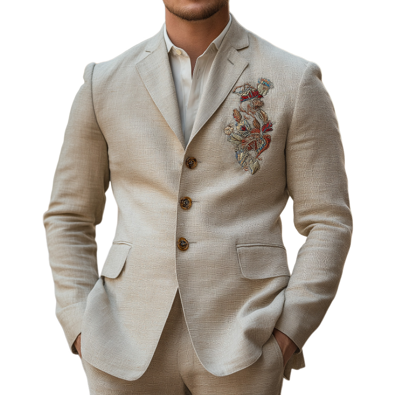 Men's Casual Comfort Linen Blend Embroidered Lapel Single Breasted Blazer 00790518F