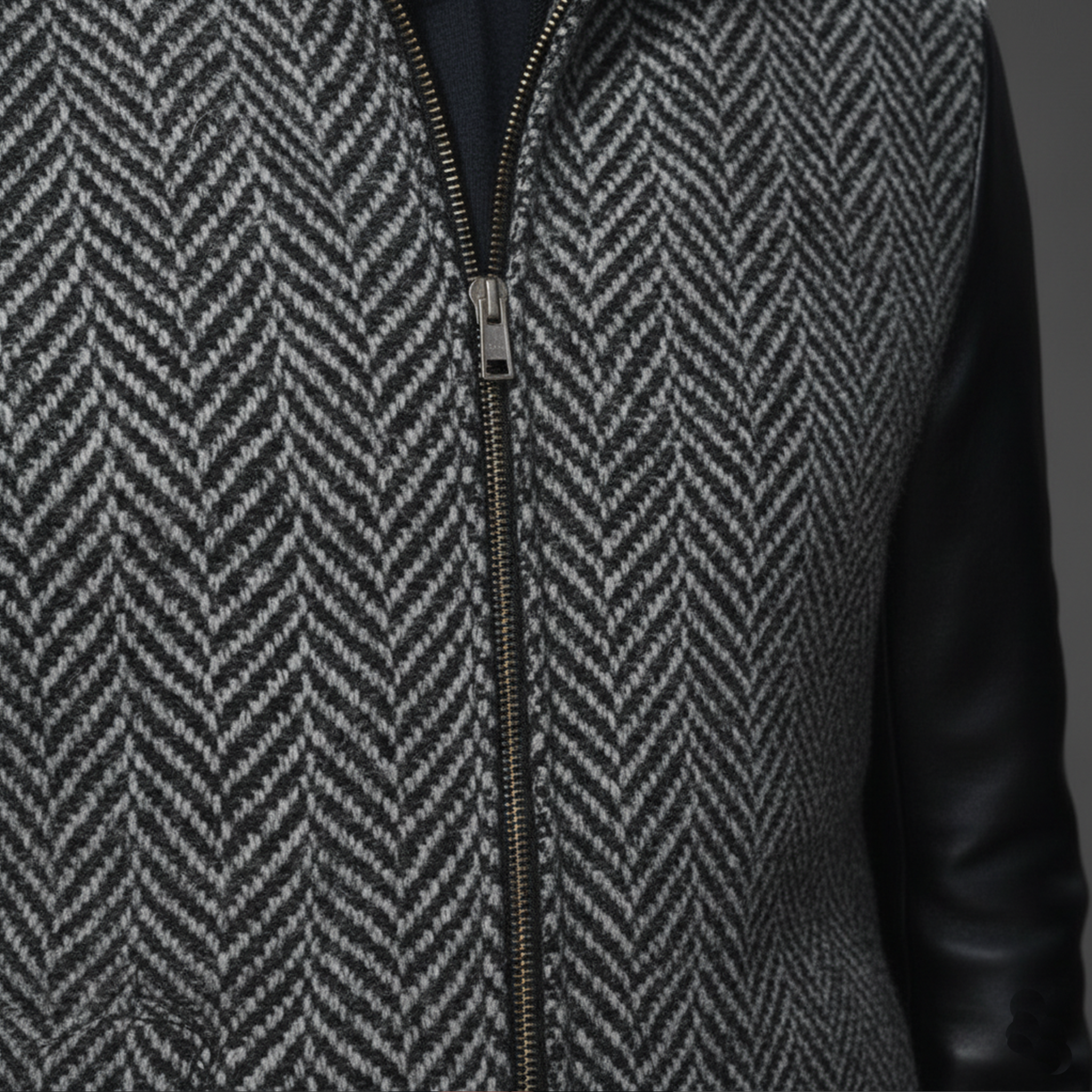 Men's Classic Retro Sleeves Stitching PU Leather Stand Collar Faux Herringbone Woolen Jacket MTA2858I3K