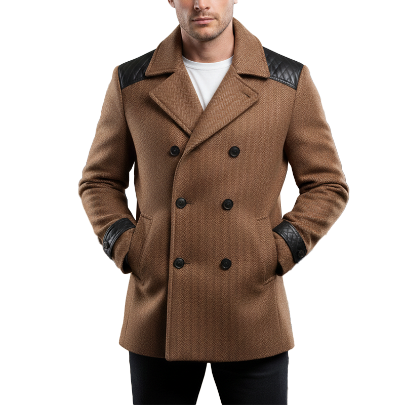Men's Winter Fashion PU Patchwork Herringbone Faux Wool Double-breasted Mid-length Coat MTA2875I0P