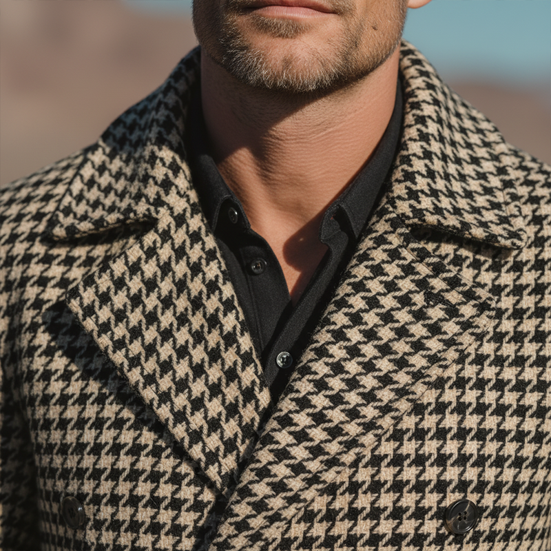 Men's Winter Fashion Houndstooth Imitation Wool Double-breasted Lapel Short Coat MTA2665I6P