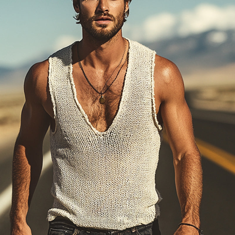 Men's Solid Color Round Neck Knit Loose Tank Tops MTA2903E8X