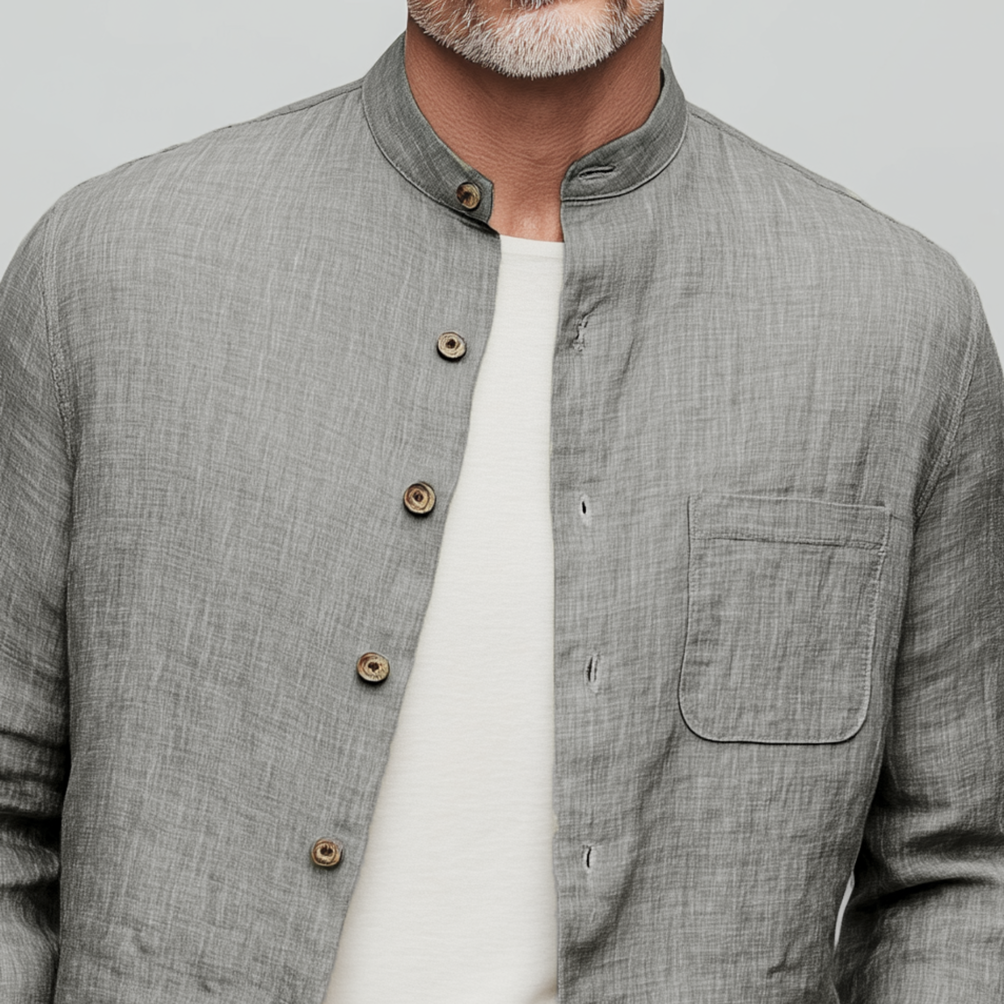 Men's Classic Casual Stand-up Collar Cotton And Linen Wooden Button Long-sleeved Shirt MTA2536G6K
