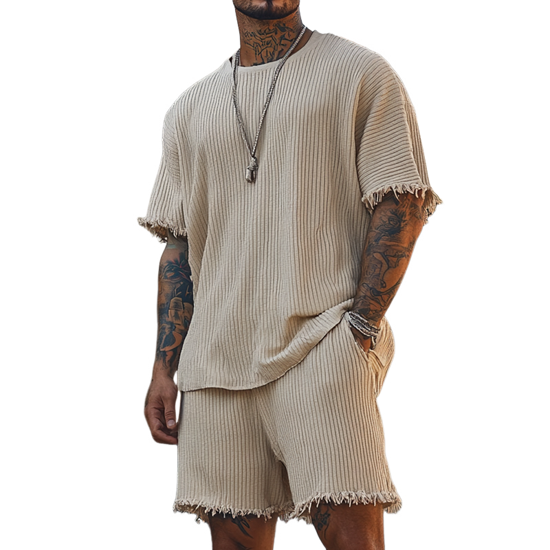 Men's Solid Striped Rough Edge Round Neck Short Sleeve T-shirt Shorts Set MTA0403F3Z