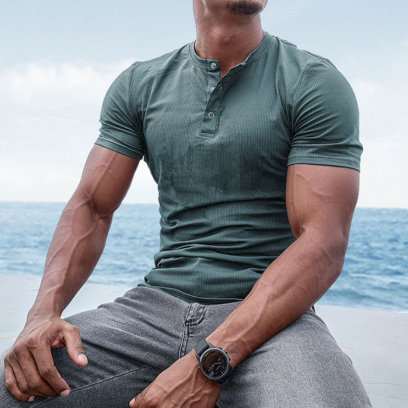 Men's Henley Collar Solid Short Sleeve Sports T-shirt 24705564Z