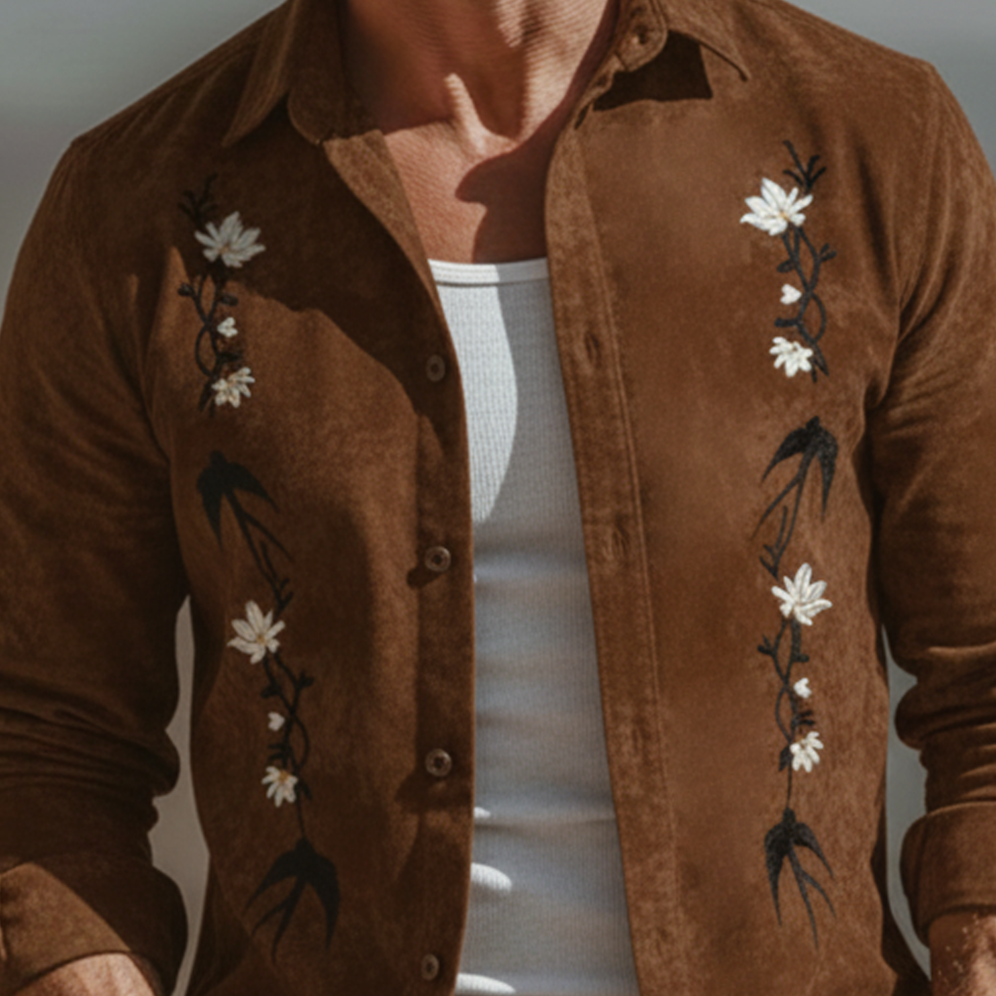 Men's Classic Vintage Embroidered Faux Suede Long-sleeved Shirt MTA2210L2K