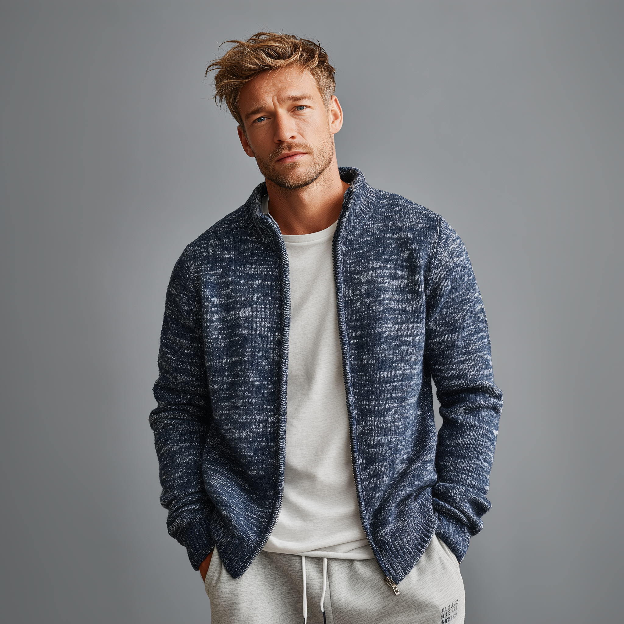 Men's Classic Casual Heterogeneous Textured Stand Collar Zippered Knit Cardigan MTA2183J0K