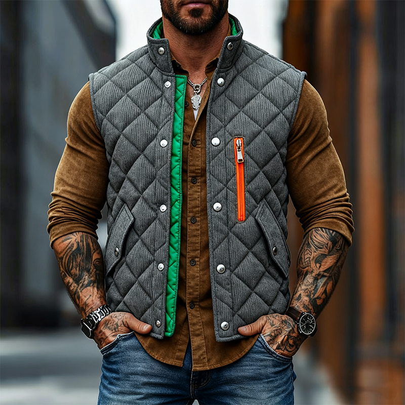 Men's Corduroy Quilted Color-Blocked Stand Collar Zipper Vest MTA2940J7X
