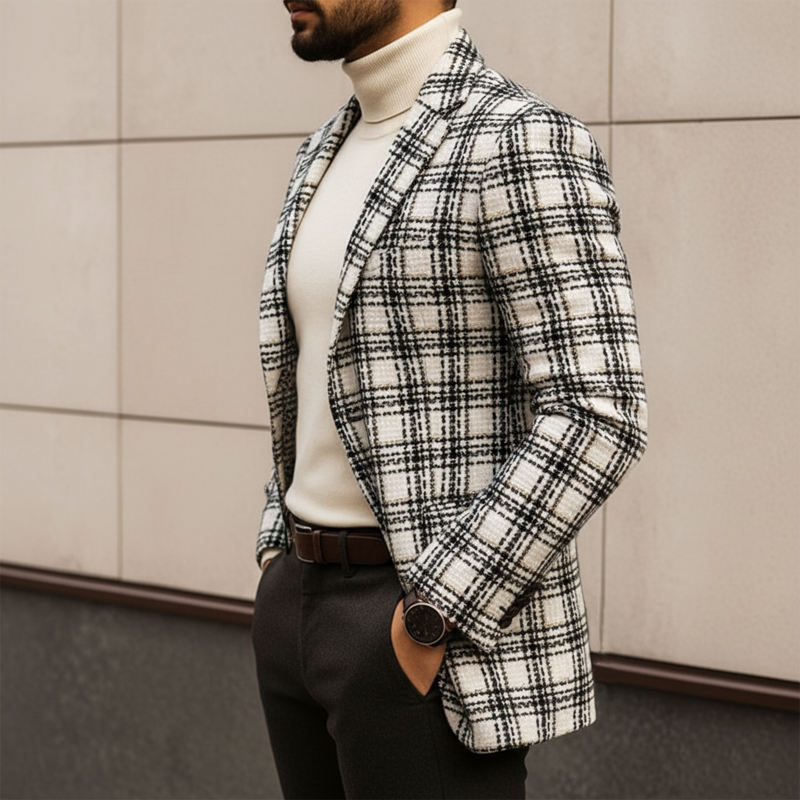 Men's Retro Elegant White Check Gold Thread Tweed Two-Button Single-vent Blazer MTA1238L9U