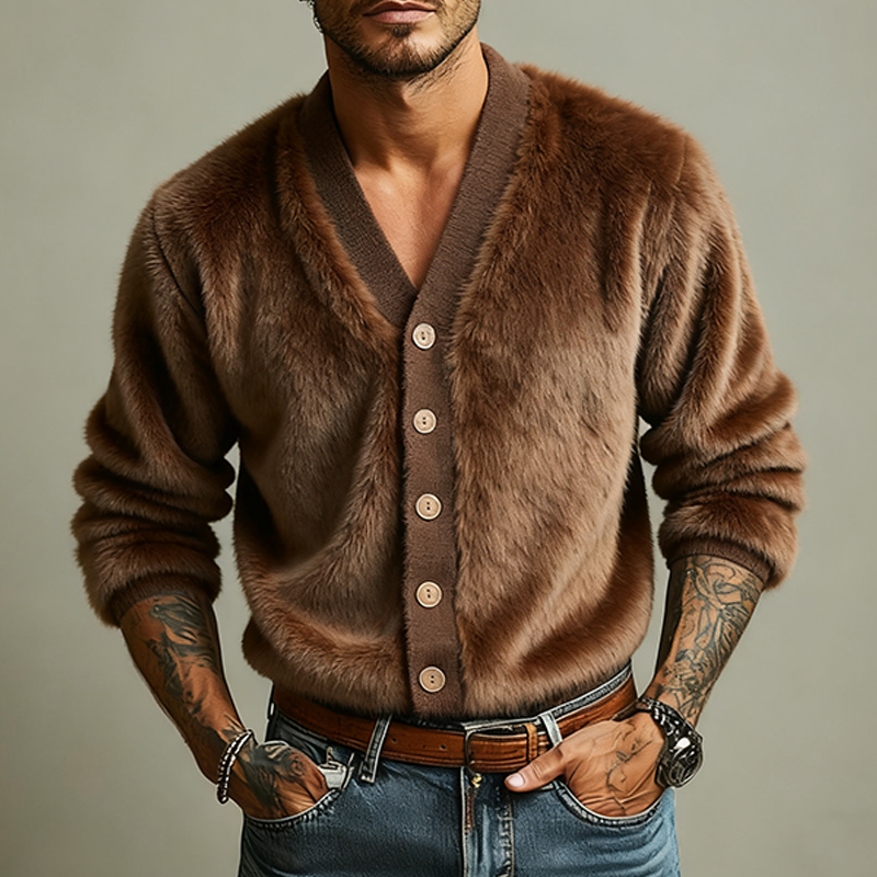 Men's Solid Color Faux Mohair V-Neck Loose Jacket MTA2261J9X