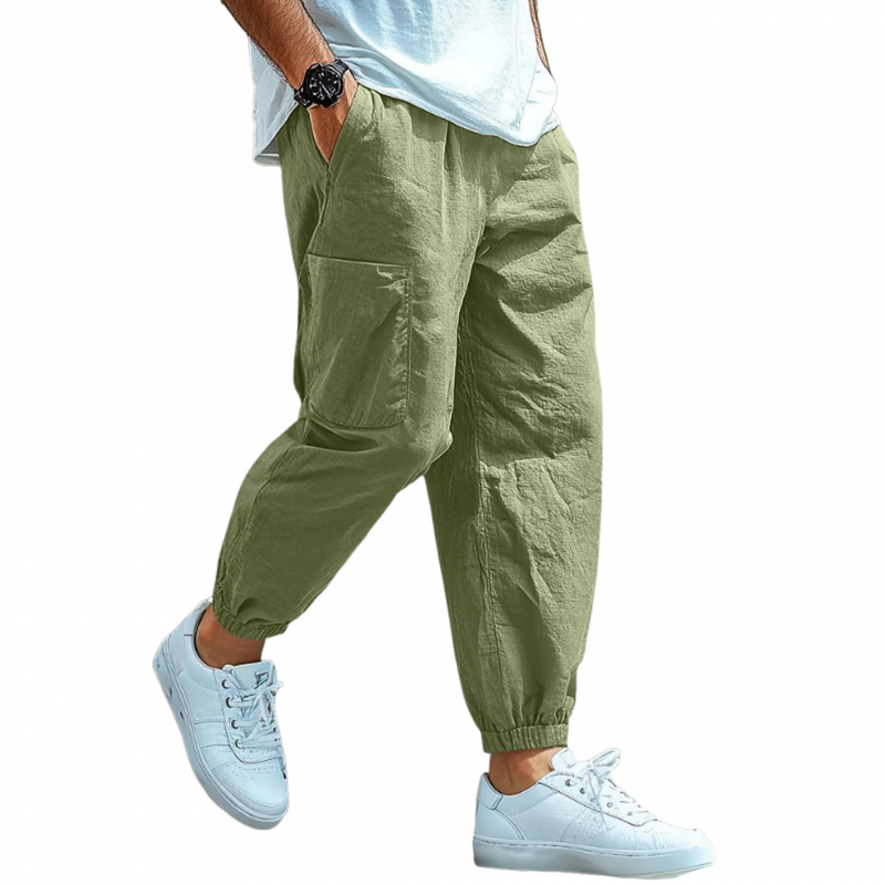 Men's Casual Solid Color Breathable Cotton Linen Blend Elastic Waist Multi-Pocket Cuffed Pants MTA2196G0M