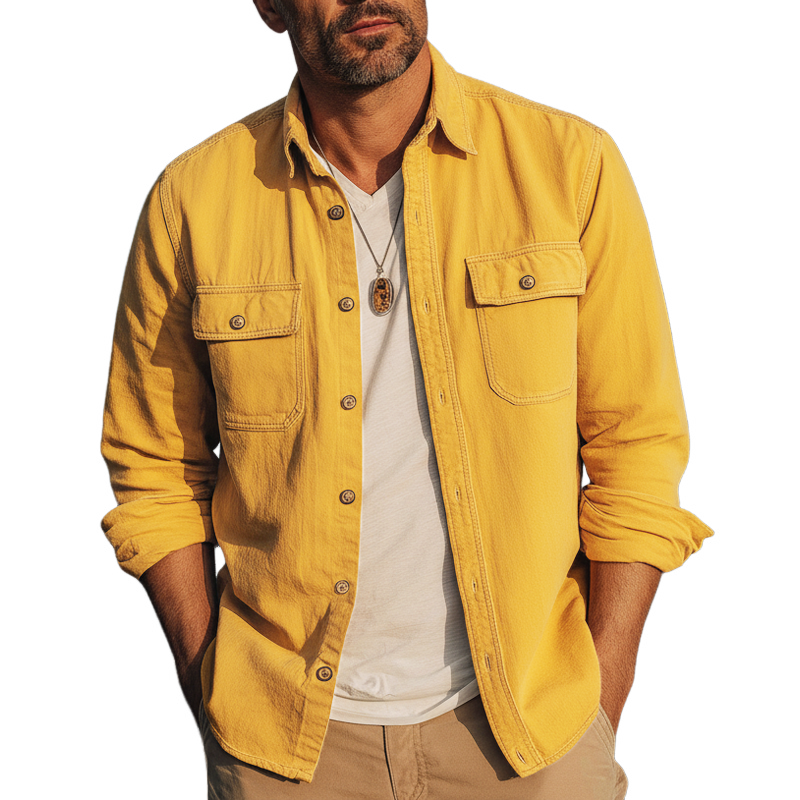 Men's Urban Solid Color Twill 100 Cotton Long-Sleeve Shirt MTZ2111A2U