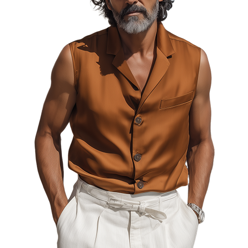 Men's Spring And Summer Fashion Casual Satin Lapel Sleeveless Shirt MTA0155G3K