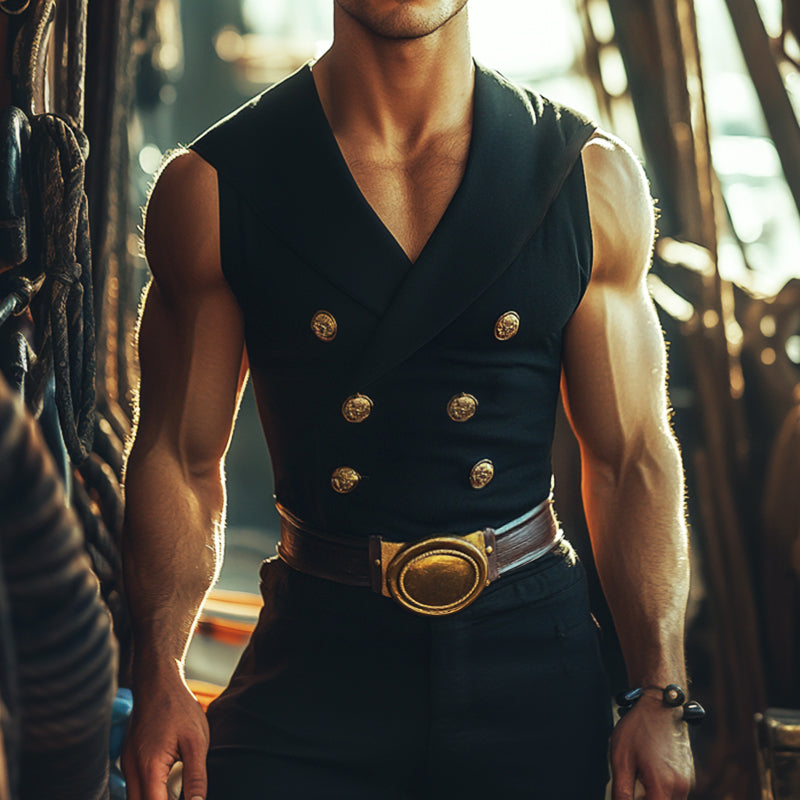 Men's Retro Casual Stretch Slim Fit Solid Color Double Breasted Lapel Sleeveless Shirt MTA0948E8TO