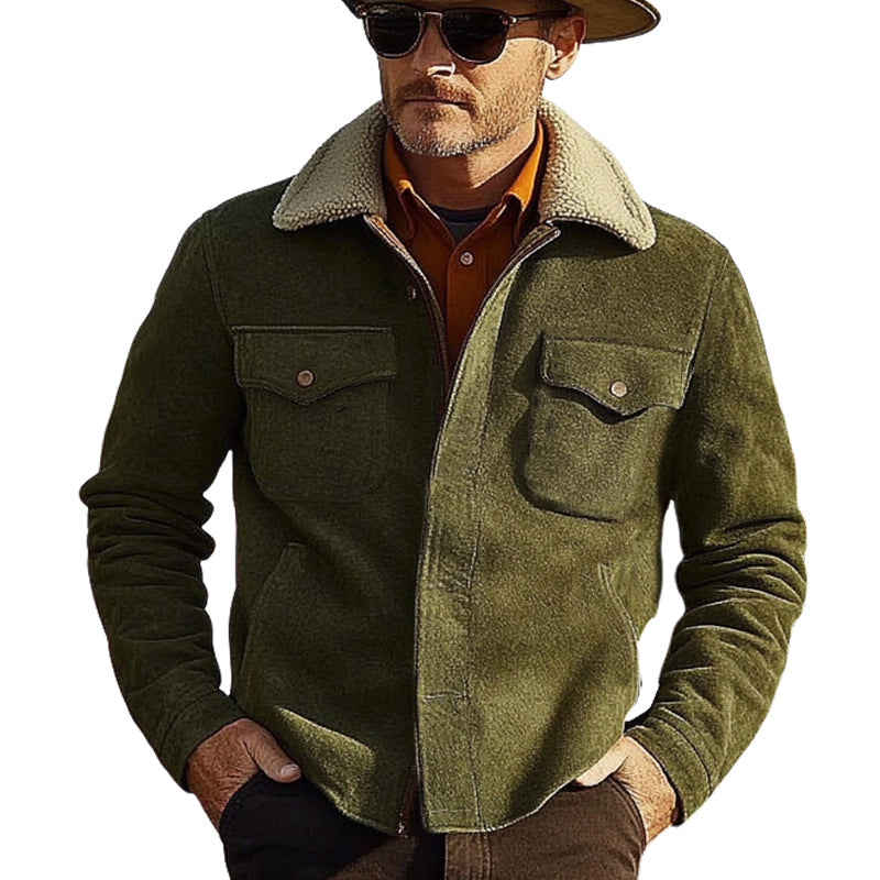 Men's Army Green Fur Collar Button Jacket 88108076U