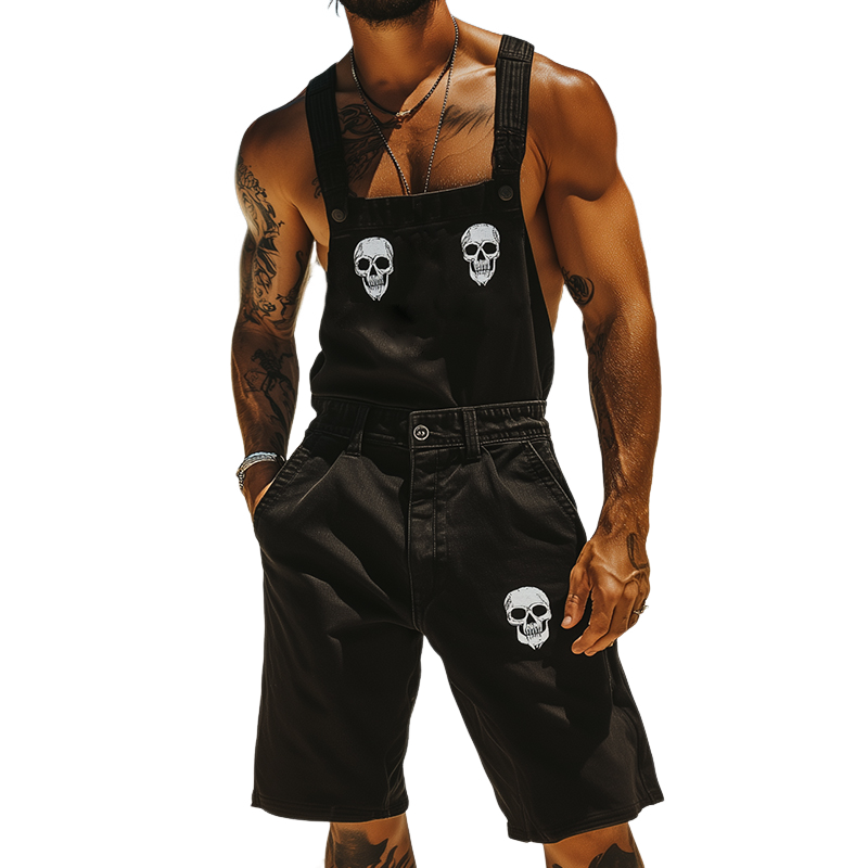 Menns Retro Casual Skull Print Denim Bib Shorts MTA2500D0TO