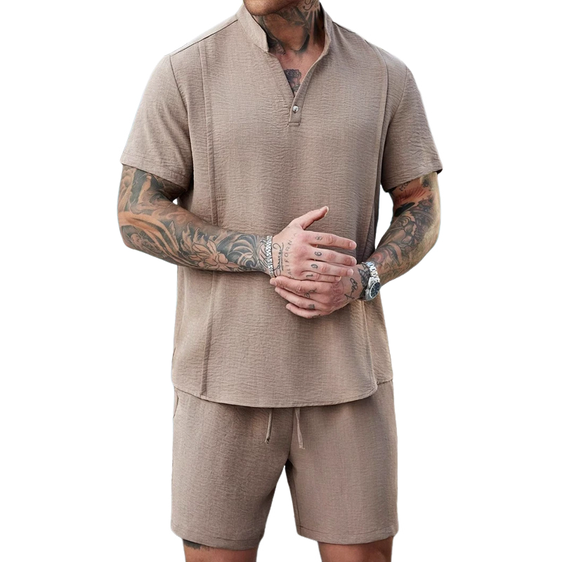 Men's Fashion Solid Stand Collar Short Sleeve Shirt Shorts Casual Set MTA1781C5Z