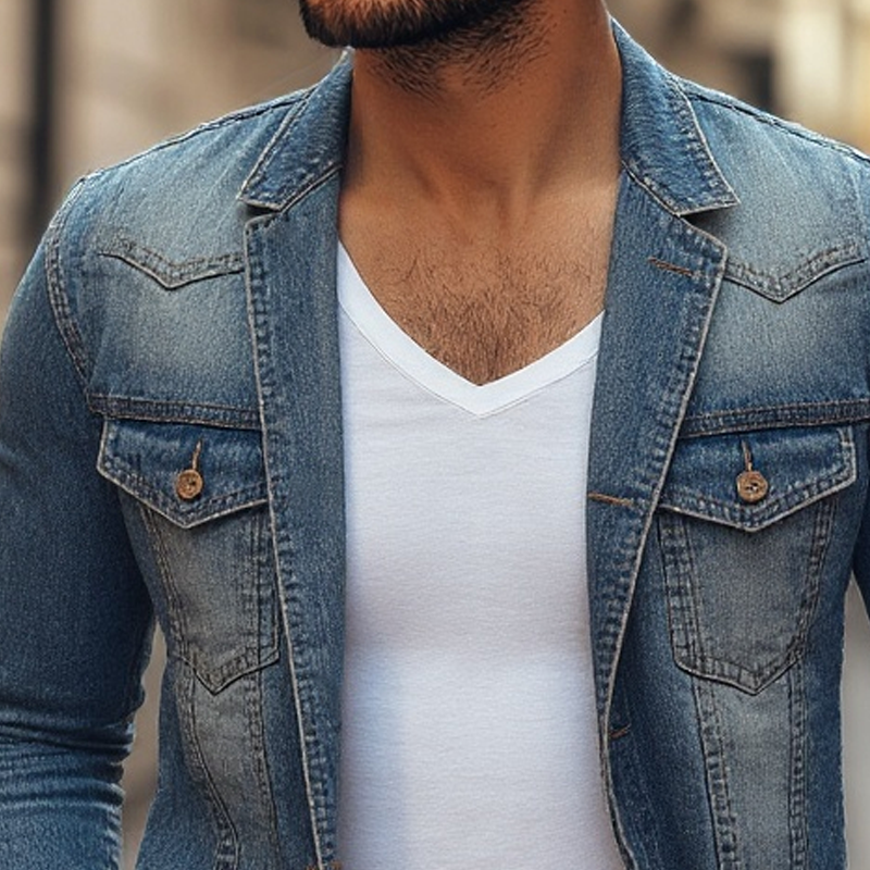 Distressed Notch Lapel Single Breasted Denim Blazer for menn 19816838Z