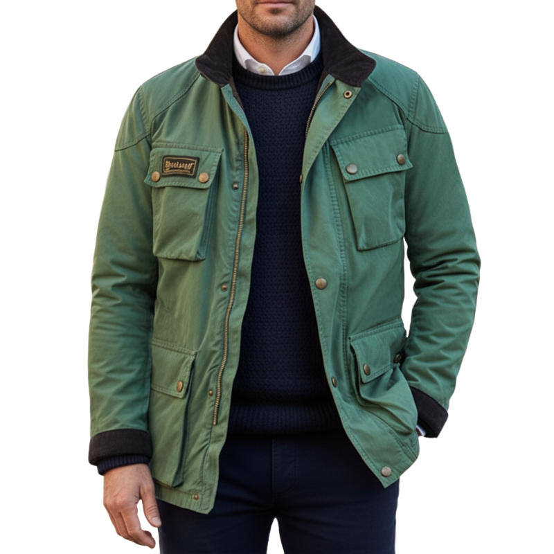 Men's Classic  Green Cotton Stand Collar Jacket MTA2435I3U