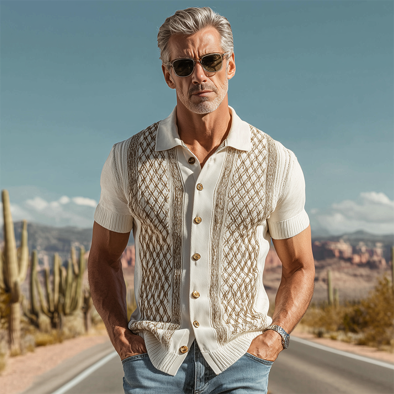 Men's Spring And Summer Fashion Casual Knitted Jacquard Short Sleeve Shirt MTA2067F6K