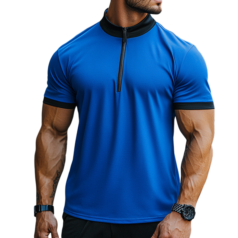 Men's Retro Casual Cotton Colorblock Zipper Stand Collar Short Sleeve T-shirt MTA2568D0TO